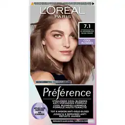 Kruidvat L'Oréal Paris Préférence Cool Blondes 7.1 As Middenblond Permanente Haarkleuring aanbieding