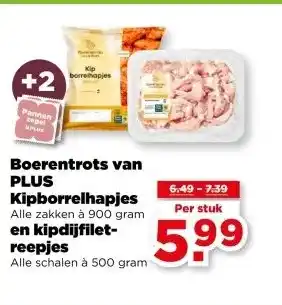 PLUS Boerentrots van PLUS Kipborrelhapjes en kipdijfilet- reepjes aanbieding