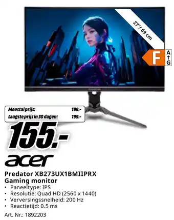 MediaMarkt acer Predator XB273UX1BMIIPRX Gaming monitor aanbieding