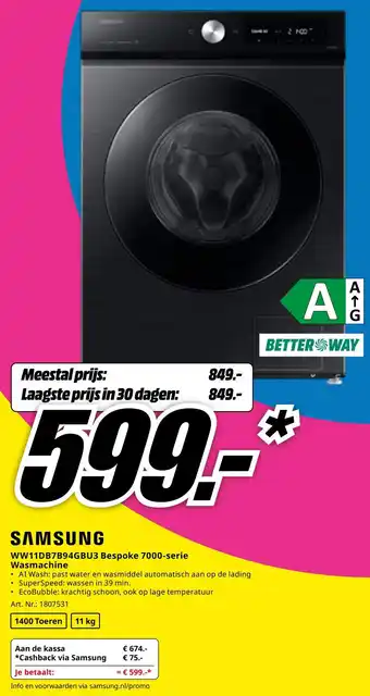 MediaMarkt SAMSUNG WW11DB7B94GBU3 Bespoke 7000-serie Wasmachine aanbieding