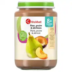 Kruidvat Kruidvat 8+M Bio Peer, Pruim & Abrikoos Fruithapje aanbieding