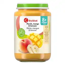 Kruidvat Kruidvat 8+M Bio Perzik, Mango & Banaan Fruithapje aanbieding