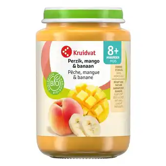 Kruidvat Kruidvat 8+M Bio Perzik, Mango & Banaan Fruithapje aanbieding