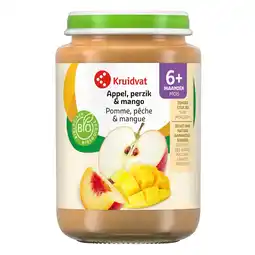 Kruidvat Kruidvat 6+M Bio Appel, Perzik & Mango Fruithapje aanbieding
