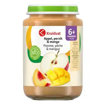 Kruidvat Kruidvat 6+M Bio Appel, Perzik & Mango Fruithapje aanbieding