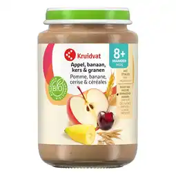 Kruidvat Kruidvat 8+M Bio Appel, Banaan, Kers & Granen Fruithapje aanbieding