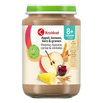 Kruidvat Kruidvat 8+M Bio Appel, Banaan, Kers & Granen Fruithapje aanbieding