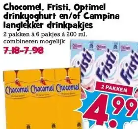 Boon`s Markt Chocomel, Fristi. Optimel drinkyoghurt en/of Campina langlekker drinkpakjes aanbieding