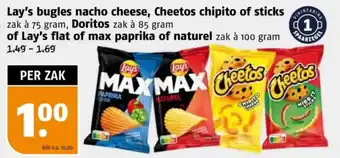 Poiesz Lay's bugles nacho cheese, Cheetos chipito of sticks, Doritos of Lay's flat of max paprika of naturel aanbieding