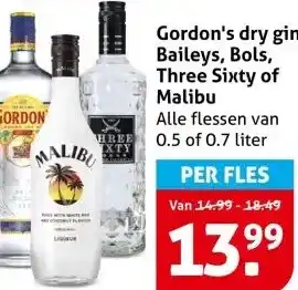 Hoogvliet Gordon's dry gin, Baileys, Bols, Three Sixty of Malibu aanbieding