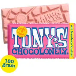 Dekamarkt Tony's Chocolonely wit framboos knettsersuiker aanbieding