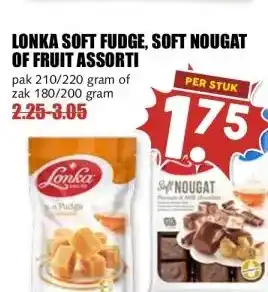 MCD Supermarkt LONKA SOFT FUDGE, SOFT NOUGAT OF FRUIT ASSORTI aanbieding