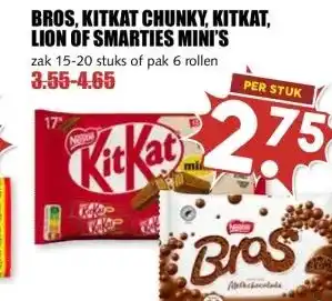 MCD Supermarkt BROS, KITKAT CHUNKY, KITKAT, LION OF SMARTIES MINI'S aanbieding