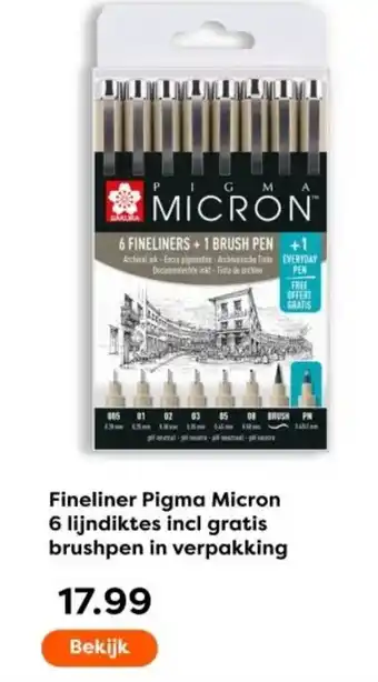 The Read Shop Fineliner Pigma Micron 6 lijndiktes incl gratis brushpen in verpakking aanbieding