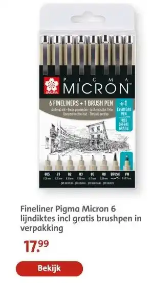Bruna Fineliner Pigma Micron 6 lijndiktes incl gratis brushpen in verpakking aanbieding