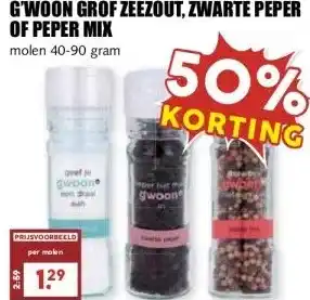 MCD Supermarkt G'WOON GROF ZEEZOUT, ZWARTE PEPER OF PEPER MIX aanbieding