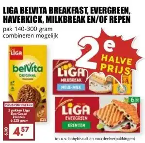MCD Supermarkt LIGA BELVITA BREAKFAST, EVERGREEN, HAVERKICK, MILKBREAK EN/OF REPEN aanbieding
