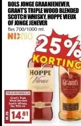 MCD Supermarkt BOLS JONGE GRAANJENEVER, GRANT'S TRIPLE WOOD BLENDED SCOTCH WHISKY, HOPPE VIEUX OF JONGE JENEVER aanbieding