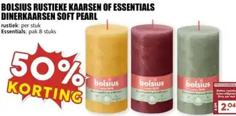 MCD Supermarkt BOLSIUS RUSTIEKE KAARSEN OF ESSENTIALS DINERKAARSEN SOFT PEARL aanbieding