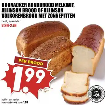 MCD Supermarkt BOONACKER RONDBROOD MELKWIT, ALLINSON BROOD OF ALLINSON VOLKORENBROOD MET ZONNEPITTEN aanbieding