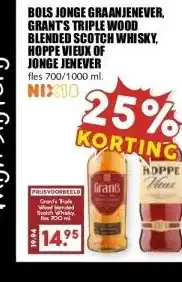 MCD Supermarkt BOLS JONGE GRAANJENEVER, GRANTS TRIPLE WOOD BLENDED SCOTCH WHISKY, HOPPE VIEUX OF JONGE JENEVER aanbieding