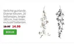 Intratuin Verlichte guirlande. Diverse kleuren, 20 ledlampjes, lengte 180 cm, met timer, exclusief batterijen. aanbieding