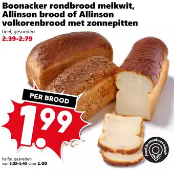 CoopCompact Boonacker rondbrood melkwit, Allinson brood of Allinson volkorenbrood met zonnepitten aanbieding