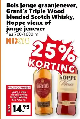 CoopCompact Bols jonge graanjenever, Grant's Triple Wood blended Scotch Whisky, Hoppe vieux of jonge jenever aanbieding