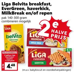Coop Liga Belvita breakfast, EverGreen, haverkick, MilkBreak en/of repen aanbieding