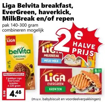 Coop Liga Belvita breakfast, EverGreen, haverkick, MilkBreak en/of repen aanbieding