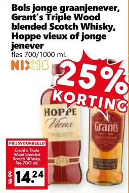Coop Bols jonge graanjenever, Grant's Triple Wood blended Scotch Whisky, Hoppe vieux of jonge jenever aanbieding