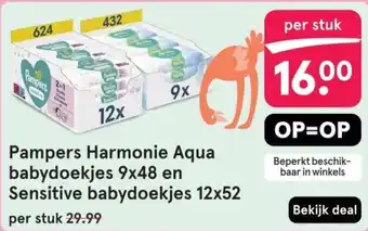 Etos Pampers Harmonie Aqua babydoekjes 9x48 en Sensitive babydoekjes 12x52 aanbieding