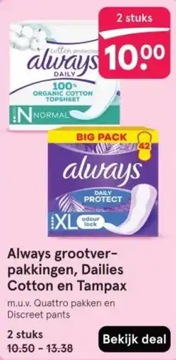 Etos Always grootverpakkingen, Dailies Cotton en Tampax aanbieding