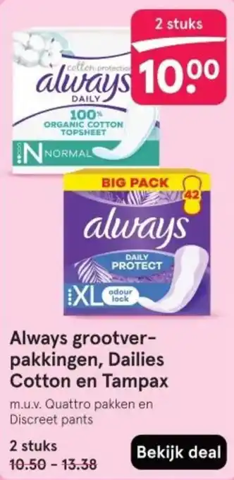 Etos Always grootverpakkingen, Dailies Cotton en Tampax aanbieding