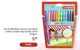 Bruna De 12 viltstiften kunnen tot wel 8 weken zonder dop zonder uit te drogen. aanbieding