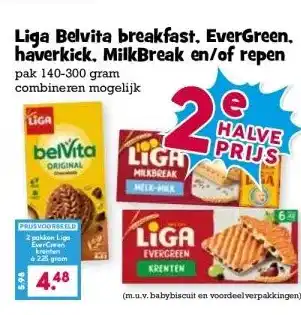 Boon`s Markt Liga Belvita breakfast. EverGreen, haverkick, MilkBreak en/of repen aanbieding
