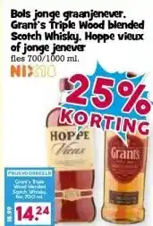 Boon`s Markt Bols jonge graanjenever. Grant's Triple Wood blended Scotch Whisky. Hoppe vieux of jonge jenever aanbieding