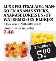 Boon`s Markt LUXE FRUITSALADE, MAN- GO EN ANANAS STICKS, ANANASBLOKJES EN/OF WATERMELOEN BLOKJES aanbieding