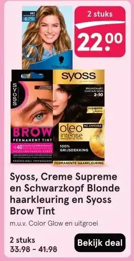 Etos Syoss, Creme Supreme en Schwarzkopf Blonde haarkleuring en Syoss Brow Tint aanbieding