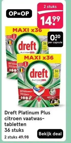 Etos Dreft Platinum Plus citroen vaatwas- tabletten 36 stuks aanbieding