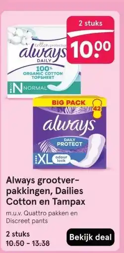 Etos Always grootver- pakkingen, Dailies Cotton en Tampax aanbieding