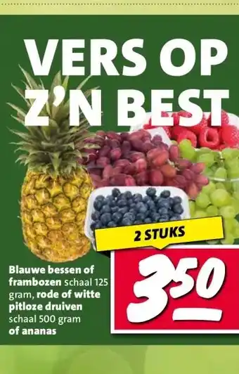 Nettorama Blauwe bessen of frambozen schaal 125 gram, rode of witte pitloze druiven aanbieding
