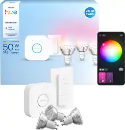 Coolblue Philips Hue Essential White and Color Starter Pack GU10 3-pack + Bridge + Dimmer aanbieding
