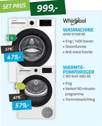 Obbink Whirlpool Wasmachine WAM 97WB BE en Warmtepompdroger C WD 94M WBS BE aanbieding