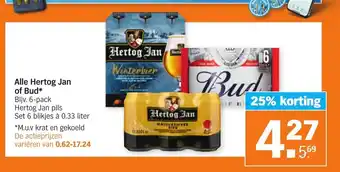 Albert Heijn Alle Hertog Jan of Bud set 6 blikjes a 0.33 liter aanbieding