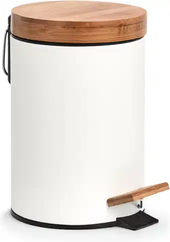 Bol.com Zeller prullenbak/pedaalemmer - metaal - bamboe hout - 3L - wit - 17 x 24 cm aanbieding