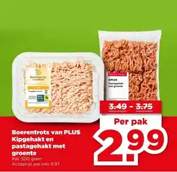 PLUS Boerentrots van PLUS Kipgehakt en pastagehakt met groente aanbieding