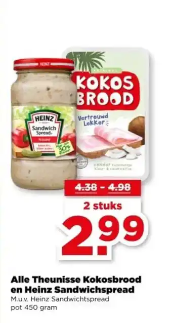PLUS Alle Theunisse Kokosbrood en Heinz Sandwichspread aanbieding