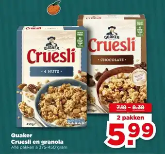 PLUS Quaker Cruesli en granola aanbieding