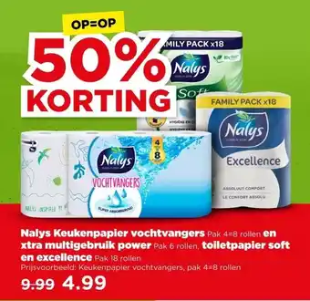 PLUS Nalys Keukenpapier vochtvangers en xtra multigebruik power, toiletpapier soft en excellence aanbieding